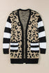 Stripe Sleeve Leopard Print Open Front Cardigan With Pockets
